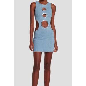 7FAM x ADR Sz M Dress Denim Mini Sleeveless Swarovski Cut Outs Blue Bodycon